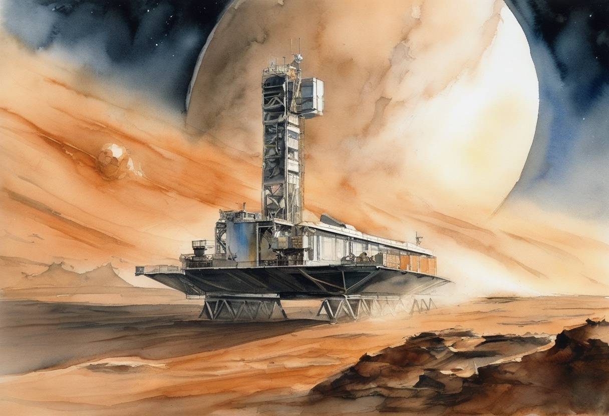 Watercolor painting based depiction of Mars Express, the European Space Agency's first planetary mission, was launched. (2003)