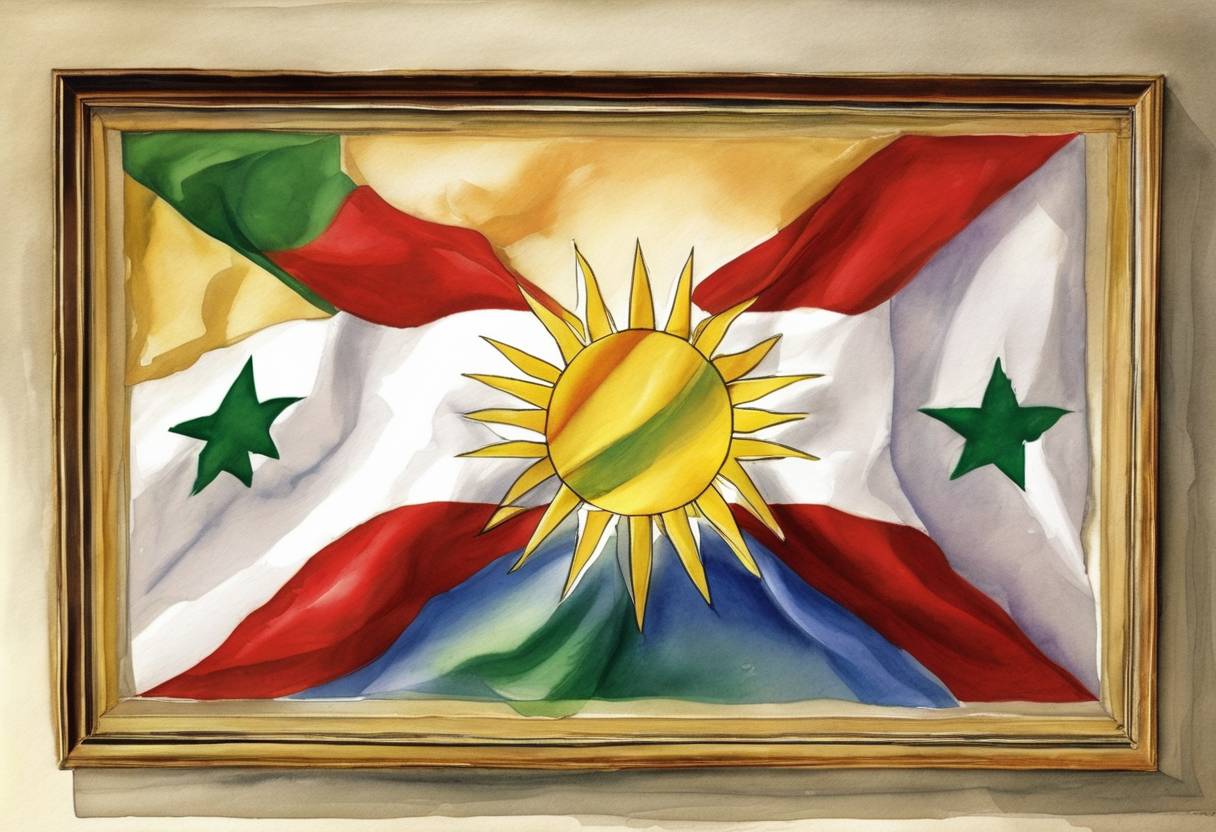 Watercolor painting based depiction of The government of the Kurdistan Region in Iraq adopts a new official flag. (2005)