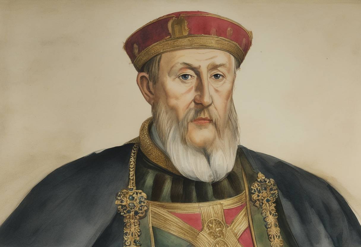 Watercolor painting based depiction of Grand Duke Gediminas, the ruler of the Grand Duchy of Lithuania, issues letters inviting artisans and tradesmen to settle in his lands, marking the beginning of Vilnius’s development as a major city. (1270)