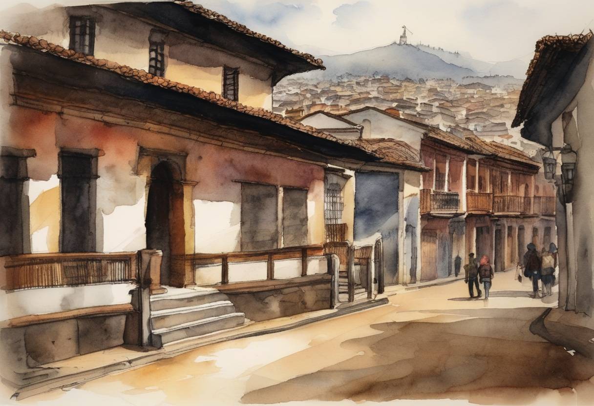 Watercolor painting based depiction of Bogotá, the present-day capital of Colombia, was founded by Spanish conquistador Gonzalo Jiménez de Quesada. (1538)