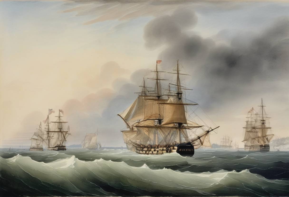 Watercolor painting based depiction of During the War of 1812, the Royal Navy begins its blockade of the New England coast, specifically targeting several American ports. (1813)
