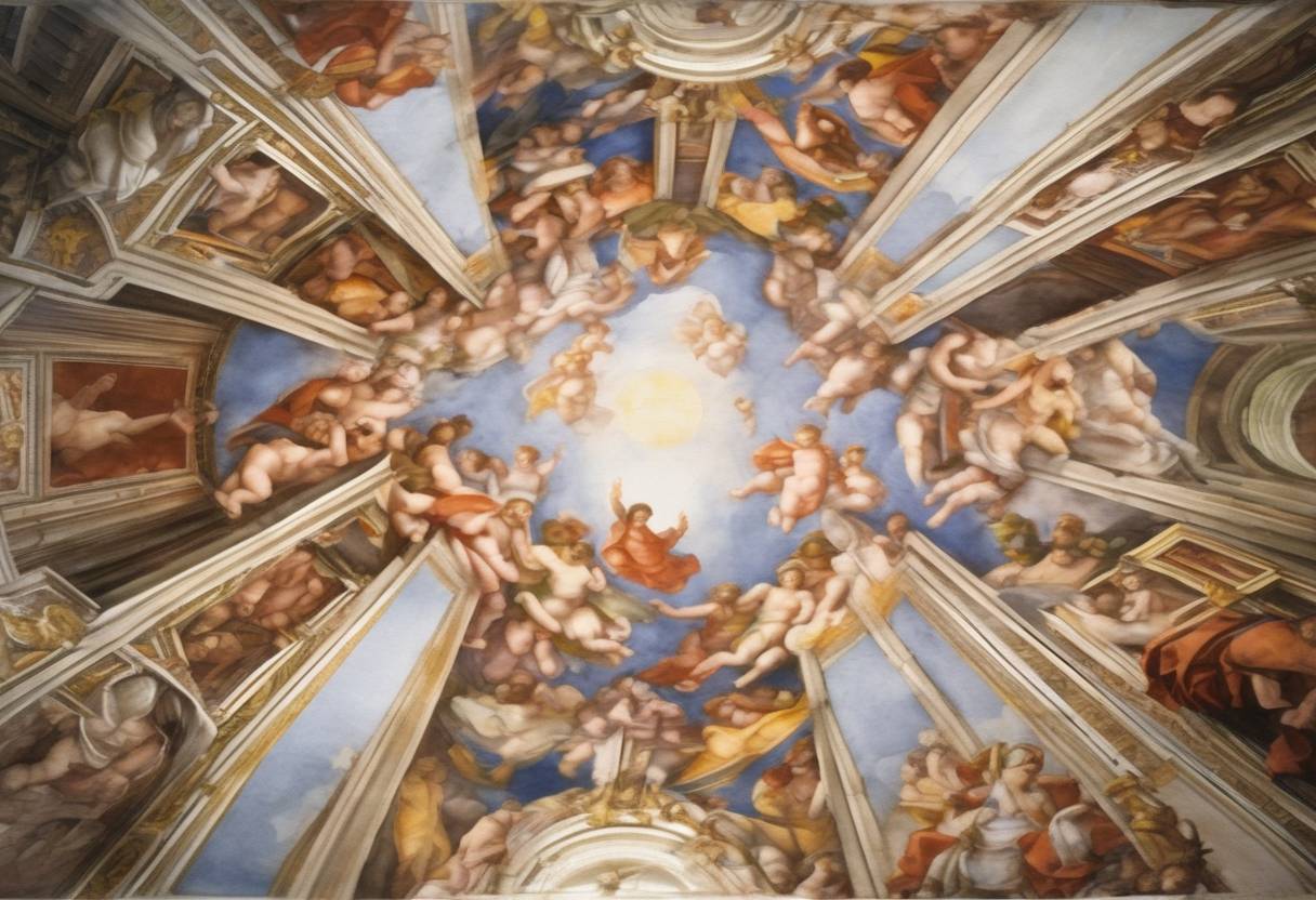 Watercolor painting based depiction of Michelangelo's Sistine Chapel ceiling restoration was finally completed, after multiple phases of cleaning that started in the 1980s, revealing vibrant colors and details that had been obscured for centuries. (1998)