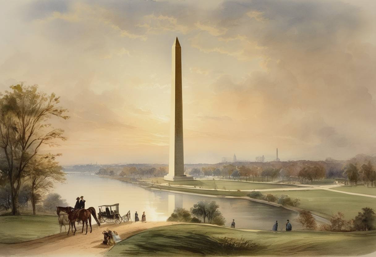 Watercolor painting based depiction of The newly completed Washington Monument was dedicated in Washington, D.C., honoring George Washington, the first President of the United States. (1885)