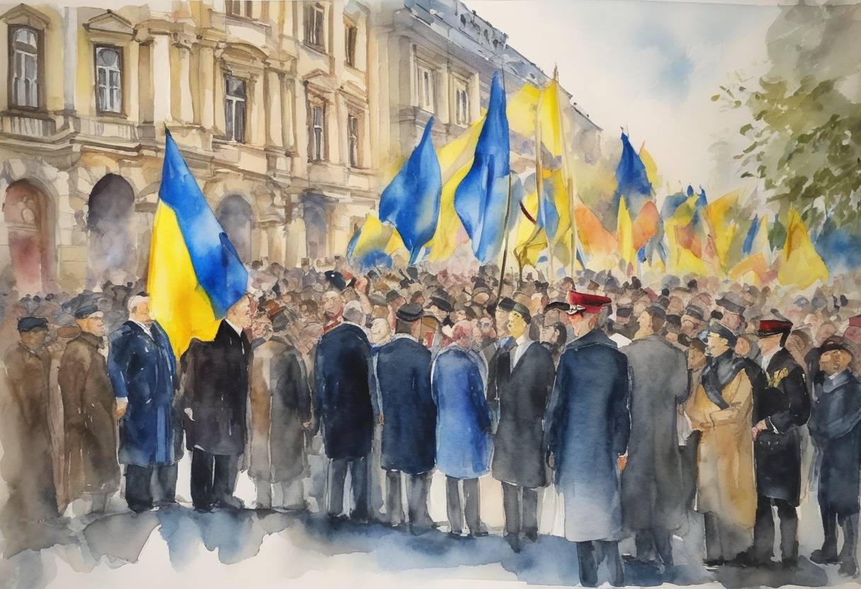 Watercolor painting based depiction of Leaders of France, Germany, Italy, and Romania visited Kyiv to show support for Ukraine amid the ongoing conflict with Russia, meeting with Ukrainian President Volodymyr Zelenskyy and pledging further assistance. (2022)