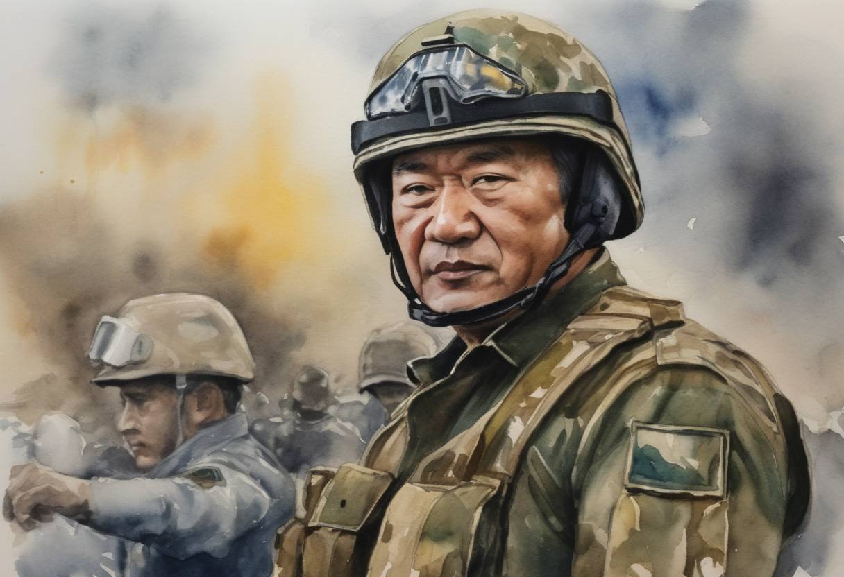 Watercolor painting based depiction of Kazakhstan's President Kassym-Jomart Tokayev announced the end of a week of violent unrest and the withdrawal of Russian-led CSTO troops. (2022)