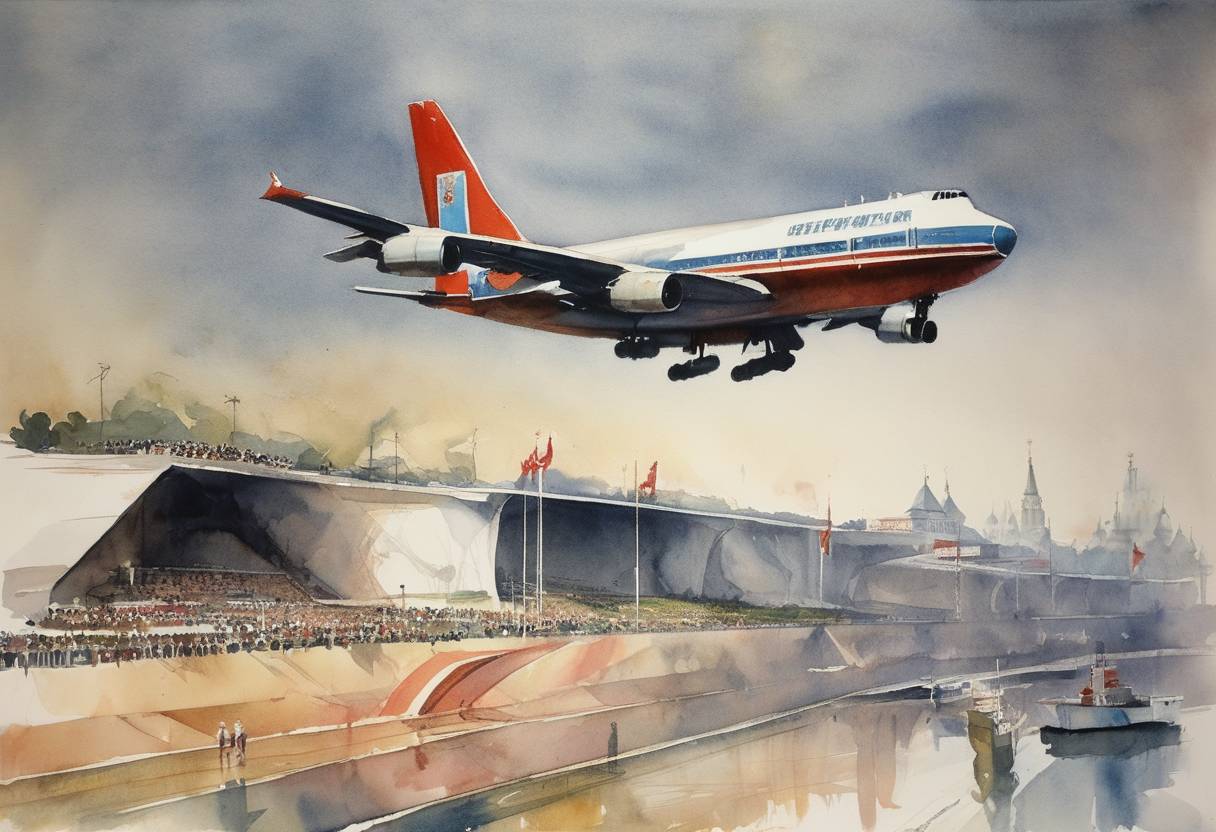 Watercolor painting based depiction of The Soviet Union announced it would boycott the 1984 Summer Olympics in Los Angeles, California. (1984)