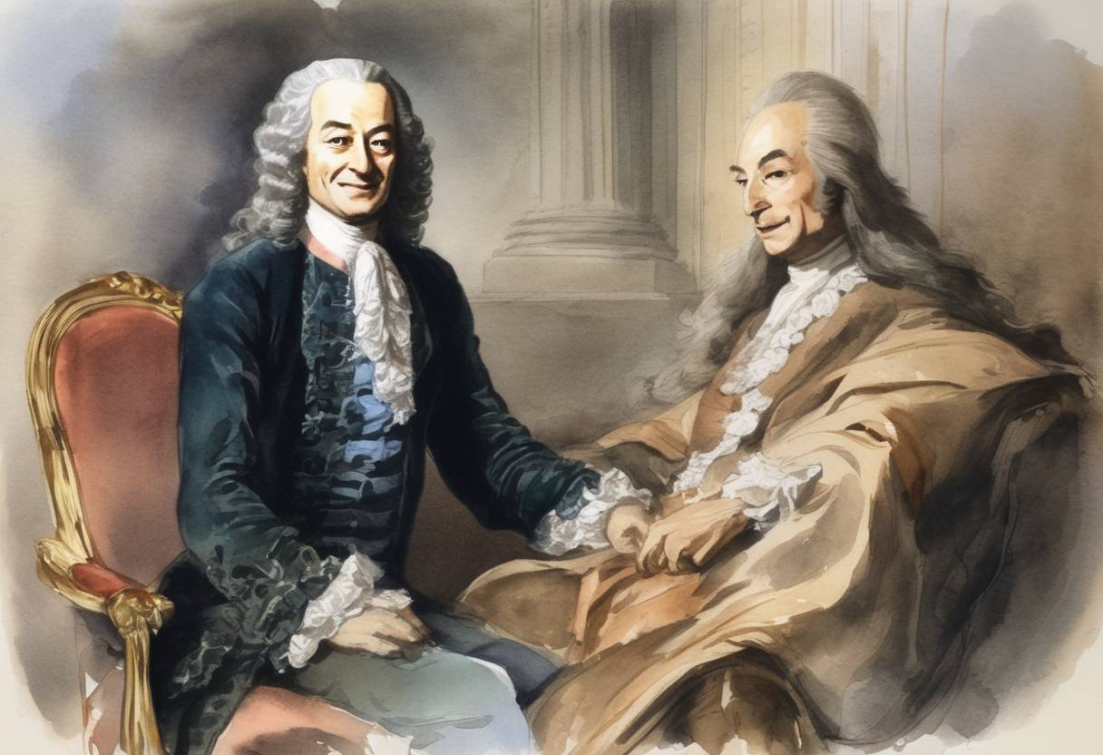 Watercolor painting based depiction of Voltaire, the French Enlightenment writer and philosopher, dies in Paris. (1778)