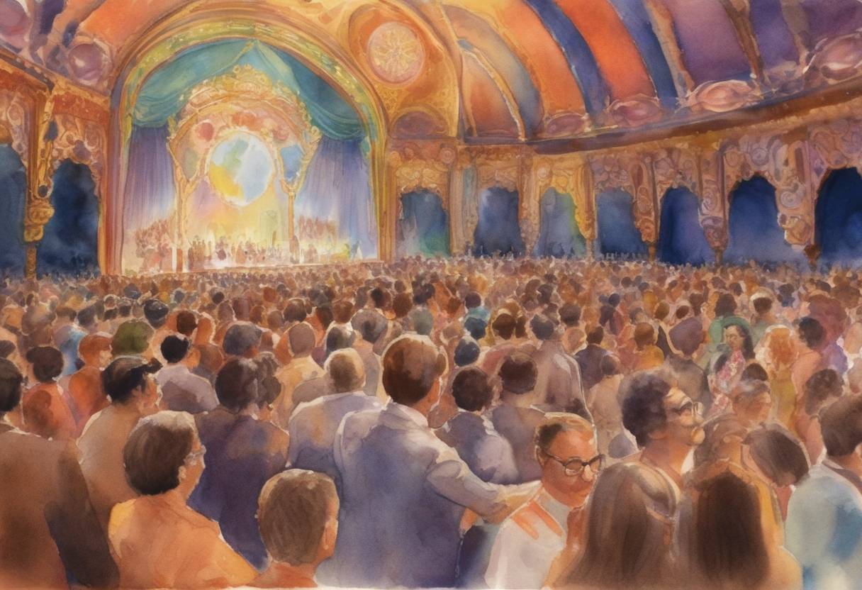 Watercolor painting based depiction of The Mantra-Rock Dance takes place at the Avalon Ballroom in San Francisco, a historic counterculture music concert featuring Swami Bhaktivedanta, Allen Ginsberg, The Grateful Dead, and Big Brother and the Holding Company. (1967)