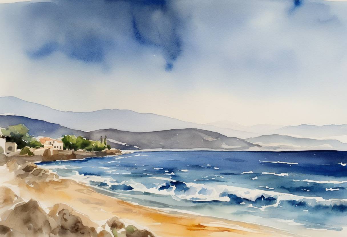 Watercolor painting based depiction of The 365 Crete earthquake occurred, also known as the 365 AD earthquake, affecting the Eastern Mediterranean. It is believed to have caused a major series of tsunamis that struck the coasts of Libya, Egypt, and Greece, resulting in widespread destruction and a significant loss of life. (365)