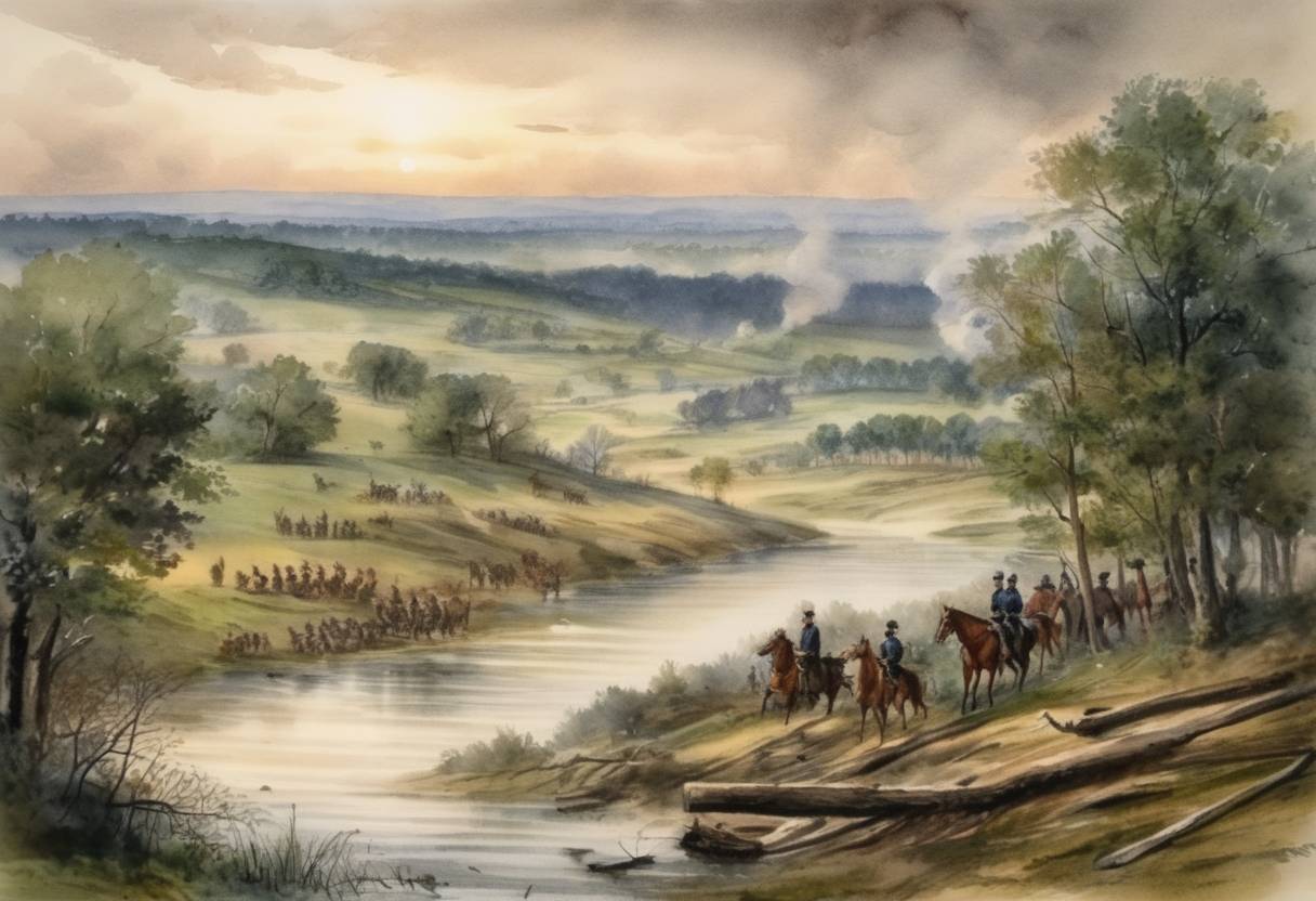 Watercolor painting based depiction of During the American Civil War, the Battle of Wilson's Creek, also known as the Battle of Oak Hills, took place near Springfield, Missouri, marking the first major battle in the Western Theater and ending with a Confederate victory. (1861)