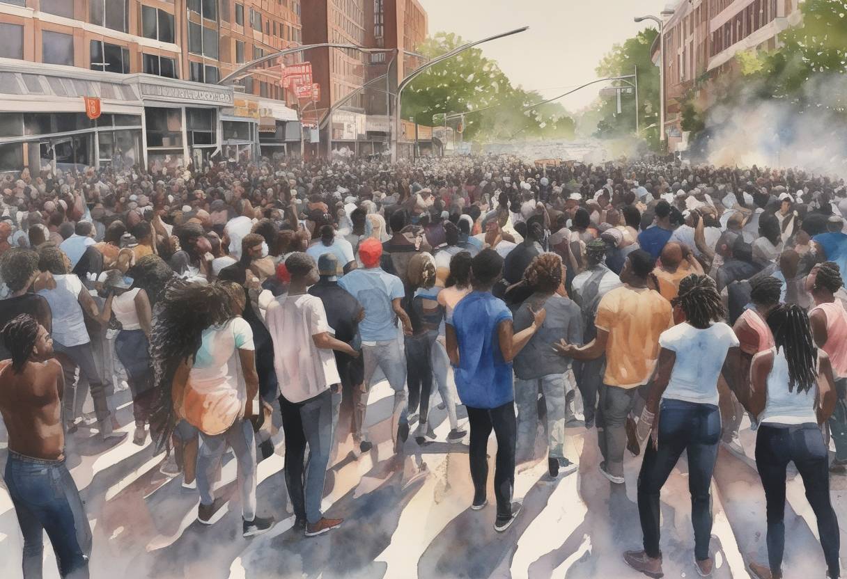 Watercolor painting based depiction of Protests erupt in Atlanta, Georgia, following the police shooting of Rayshard Brooks, an African American man, leading to increased tensions and calls for police reform. (2020)