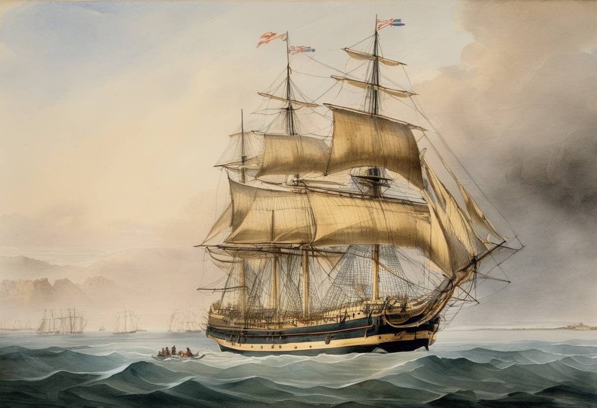 Watercolor painting based depiction of The HMS Beagle, carrying Charles Darwin, arrived at Sydney, Australia during its second voyage. This expedition played a critical role in Darwin's formulation of his theory of evolution by natural selection. (1835)