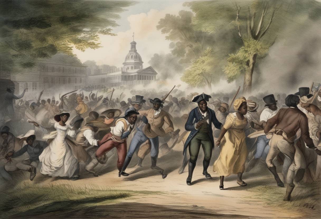 Watercolor painting based depiction of The Fugitive Slave Act of 1793 was enacted in the United States, allowing the capture and return of runaway slaves within the territory of the U.S. and imposing penalties on those who aided their escape. (1793)