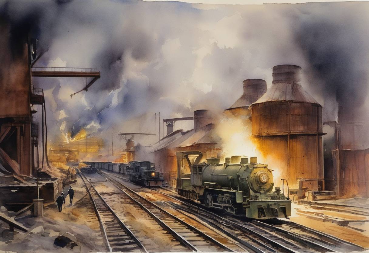 Watercolor painting based depiction of U.S. President Harry S. Truman seized control of steel mills to avert a strike during the Korean War, which was a significant moment in labor relations and executive power in the United States. (1952)