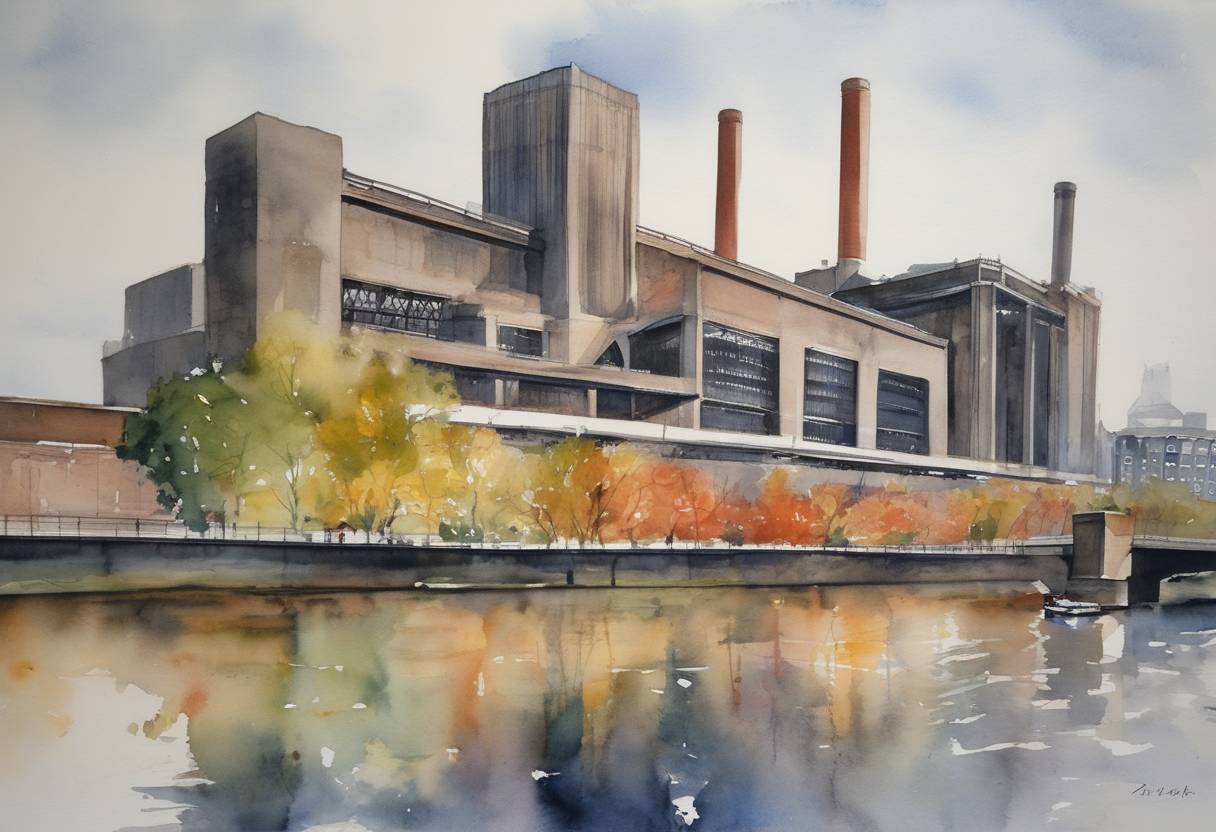 Watercolor painting based depiction of The Tate Modern art gallery was opened in London, housed in the former Bankside Power Station, and soon became one of the largest museums of modern and contemporary art in the world. (2000)