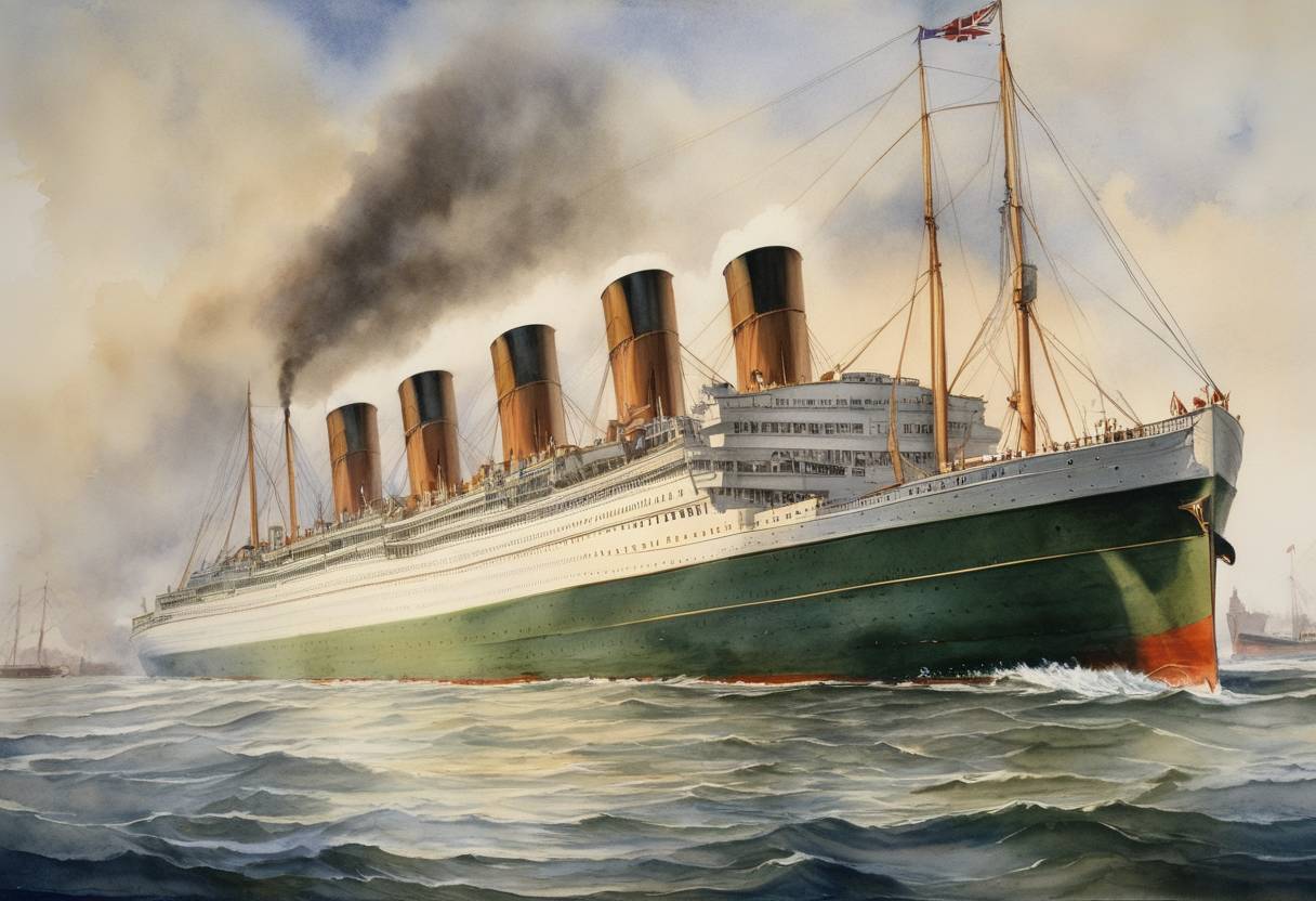 Watercolor painting based depiction of HMHS Britannic, the third and largest Olympic-class ocean liner of the White Star Line, was launched. It was intended to be a transatlantic passenger ship but was instead used as a hospital ship during World War I. (1914)