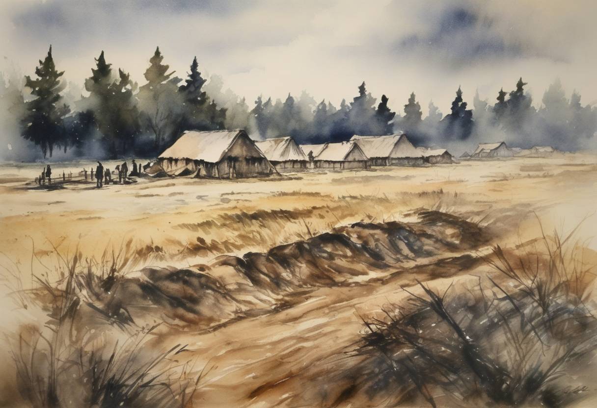 Watercolor painting based depiction of The Treblinka extermination camp opens in Poland as part of the Nazi regime's 'Operation Reinhard', initiating mass killings of Jews. (1942)