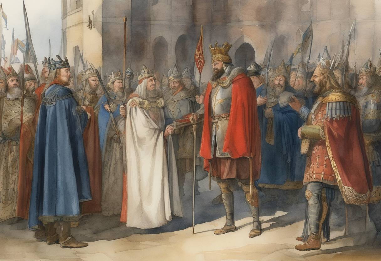 Watercolor painting based depiction of The Northern Third Order, a nobleman-led faction, declares itself openly against Magnus IV of Sweden, known as Magnus Eriksson. This reflects the increasing domestic strife and power struggles within Sweden during his reign. (1370)