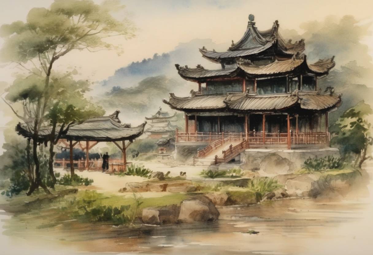 Watercolor painting based depiction of Taichung, Taiwan, was declared a city by the Qing dynasty. (1889)