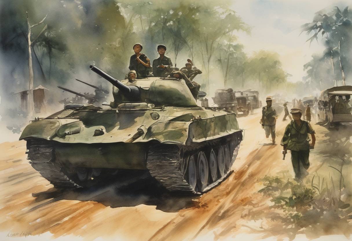 Watercolor painting based depiction of The Khmer Rouge forces capture Phnom Penh, Cambodia, effectively gaining control of the country and leading to the establishment of the Democratic Kampuchea regime. (1975)