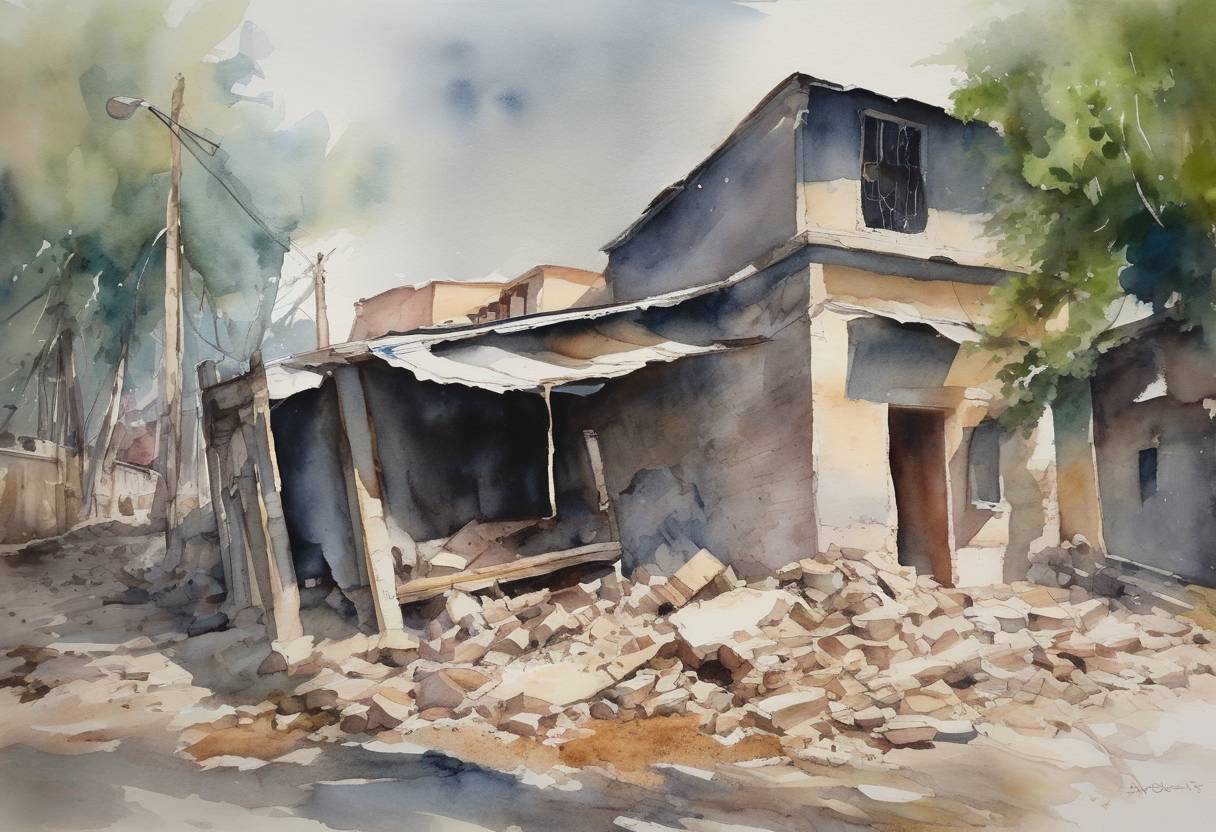 Watercolor painting based depiction of The 7.0 magnitude earthquake that struck Haiti three days earlier on January 12 resulted in a massive humanitarian crisis, with international aid operations continuing to be mobilized on January 15. (2010)