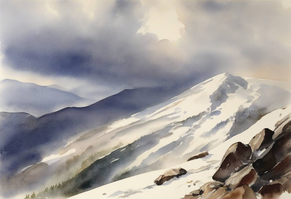 Watercolor painting based depiction of The strongest surface wind gust in the world at that time was measured at 231 mph at the Mount Washington Observatory. (1934)