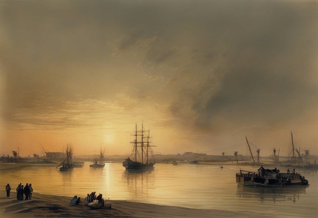 Watercolor painting based depiction of The Suez Canal, originally opened in 1869, saw the Eastman Agricultural, the first vessel to transit the newly installed lighting system. This advancement facilitated night-time navigation, significantly increasing the canal's capacity and commercial importance. (1884)