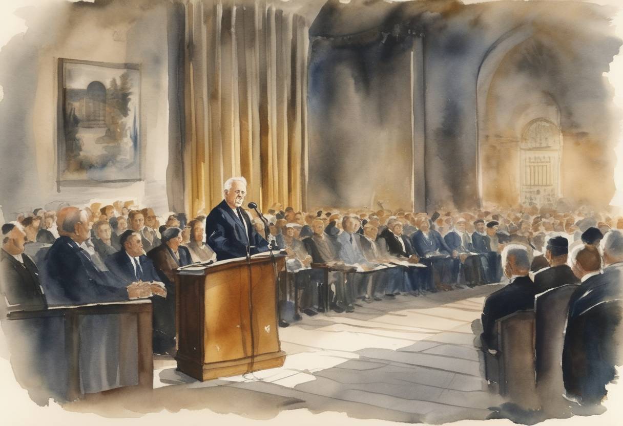 Watercolor painting based depiction of Ben-Gurion delivers the 'Law of Return' speech, which becomes the basis for the Israeli Law of Return, allowing Jews the world over the right to immigrate to Israel and gain citizenship. (1950)