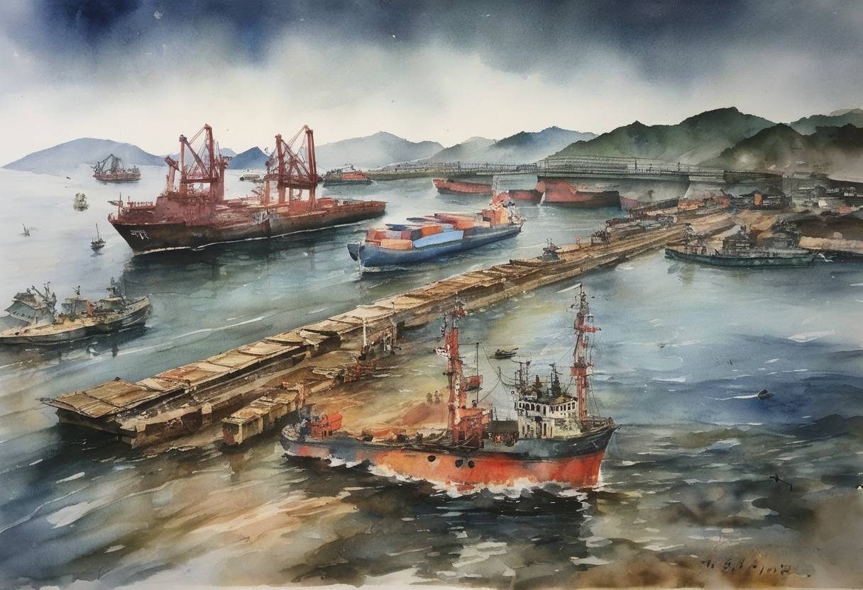 Watercolor painting based depiction of South Korea formally declared that it would take the case of the ROKS Cheonan sinking to the United Nations Security Council, holding North Korea responsible for the attack on its naval ship. (2010)