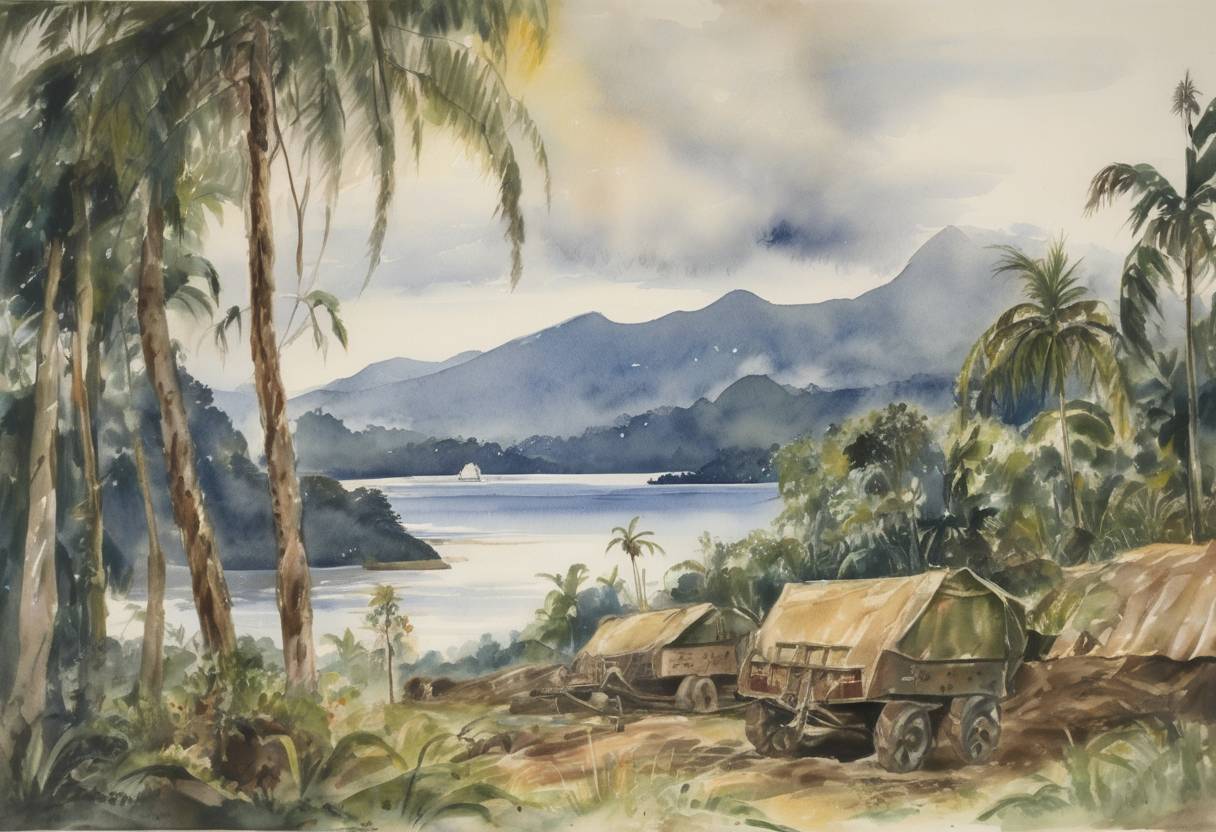 Watercolor painting based depiction of During World War II, the Battle of Rabaul begins. The Japanese invade the Australian-held New Britain island and capture Rabaul, a strategically important harbor. (1942)