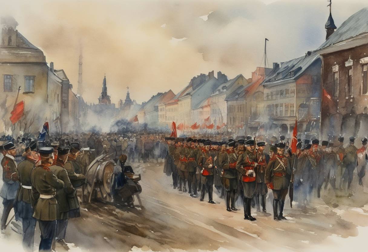 Watercolor painting based depiction of The Estonian War of Independence ended with the signing of the Treaty of Tartu, where Germany and Soviet Russia recognized Estonian independence. (1919)