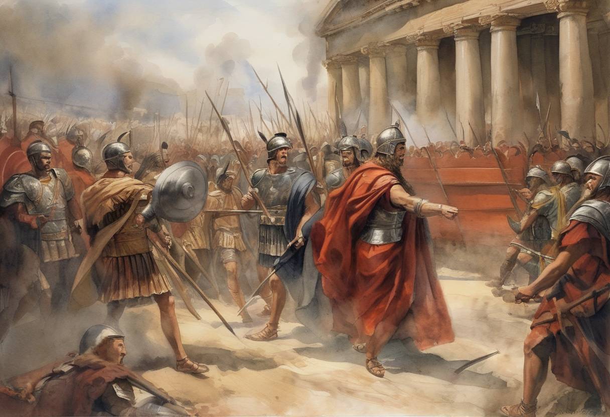 Watercolor painting based depiction of Lucius Antonius Saturninus, governor of Upper Germany, begins a revolt against Roman Emperor Domitian known as the Revolt of Saturninus, although the main hostilities occur outside this date. (86)