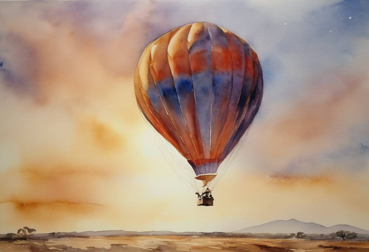 Watercolor painting based depiction of Steve Fossett became the first person to fly solo around the world non-stop in a balloon, completing the voyage in the Spirit of Freedom. (2002)