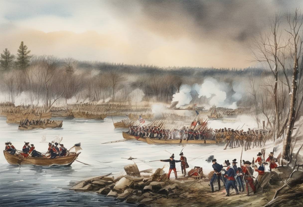 Watercolor painting based depiction of In the War of 1812, the Battle of Frenchtown took place. American forces engaged with British and Native American troops near what is today Monroe, Michigan, resulting in a significant defeat for the American side. (1812)