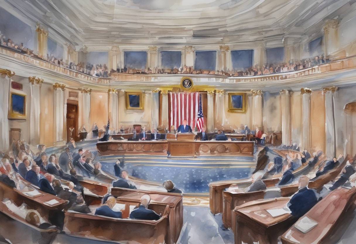 Watercolor painting based depiction of The United States Senate voted to acquit President Donald Trump on both articles of impeachment, abuse of power and obstruction of Congress, concluding the third impeachment trial of a U.S. president. (2020)