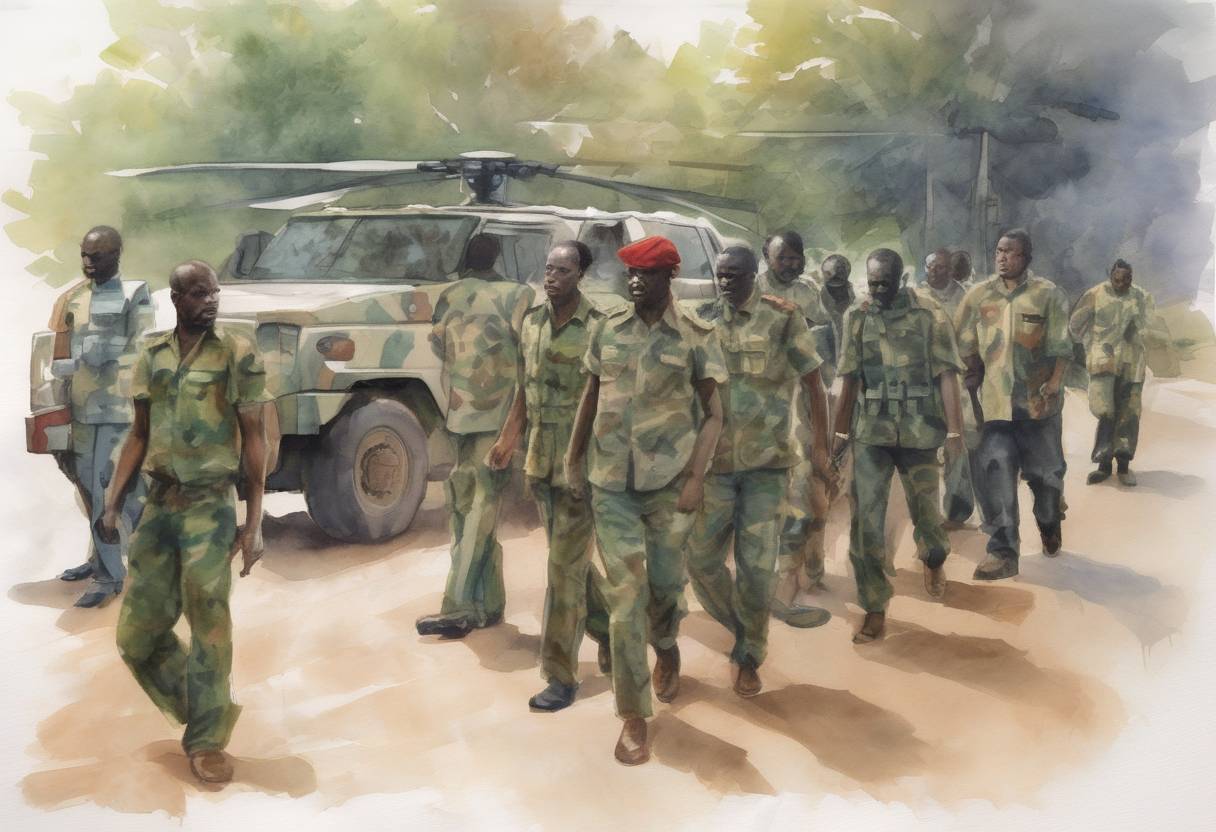 Watercolor painting based depiction of The International Criminal Court issues its first-ever arrest warrants, targeting leaders of the Lord's Resistance Army in Uganda, including Joseph Kony, for war crimes and crimes against humanity. (2006)