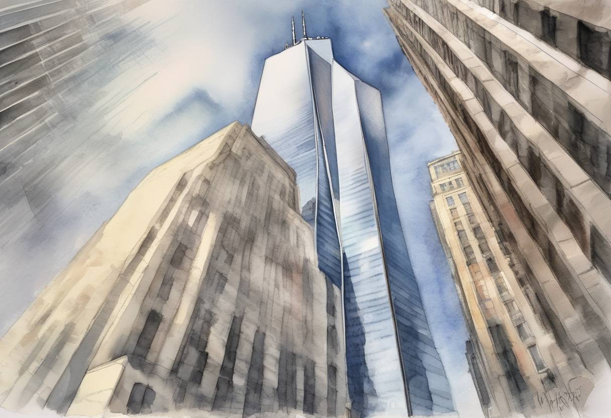 Watercolor painting based depiction of The One World Trade Center officially opened in New York City, marking a significant milestone in the reconstruction of the World Trade Center site. (2014)