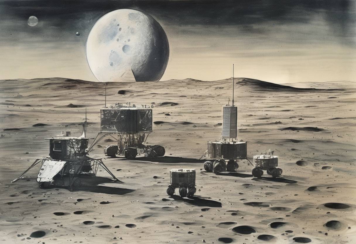 Watercolor painting based depiction of The Soviet probe Luna 3 transmitted the first-ever photographs of the far side of the Moon, providing unprecedented views of the lunar surface. (1959)