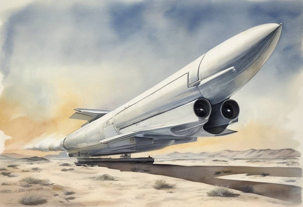 Watercolor painting based depiction of A camera on board the V-2 No. 13 rocket took the first photograph of Earth from outer space. (1946)