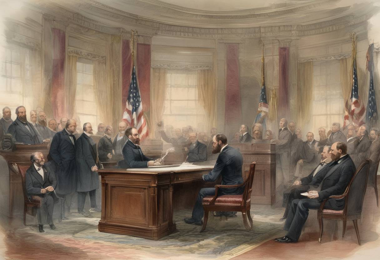 Watercolor painting based depiction of James A. Garfield was inaugurated as the 20th President of the United States. (1881)