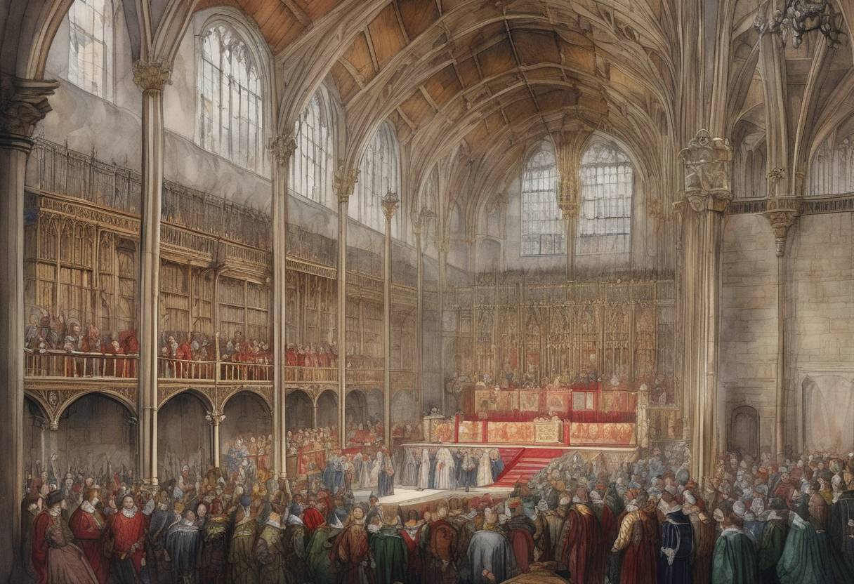 Watercolor painting based depiction of English Parliament passes the Act of Supremacy, making King Henry VIII the Supreme Head of the Church of England. (1534)