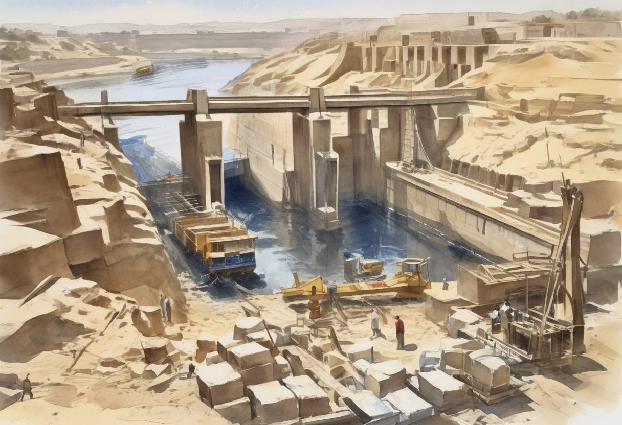 Watercolor painting based depiction of Construction work began on the Aswan High Dam in Egypt. (1960)