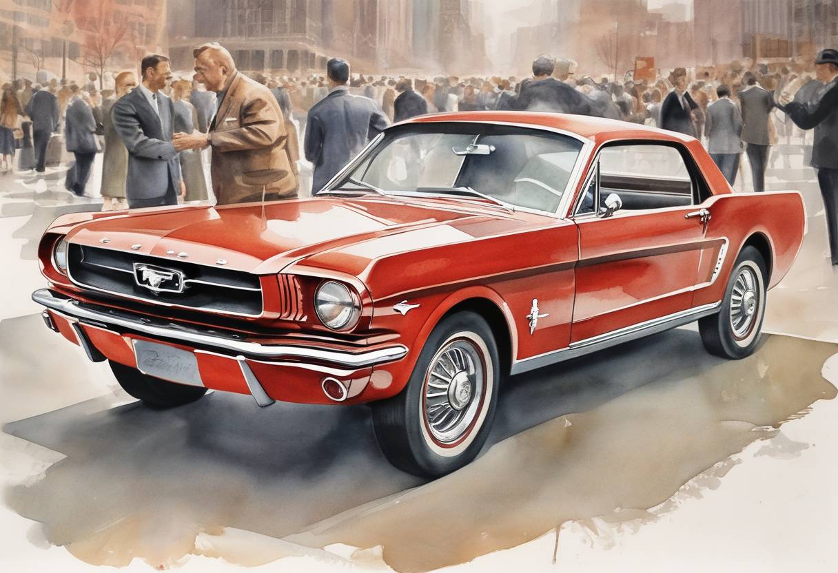 Watercolor painting based depiction of The Ford Mustang was officially unveiled by the Ford Motor Company at the New York World's Fair. (1964)