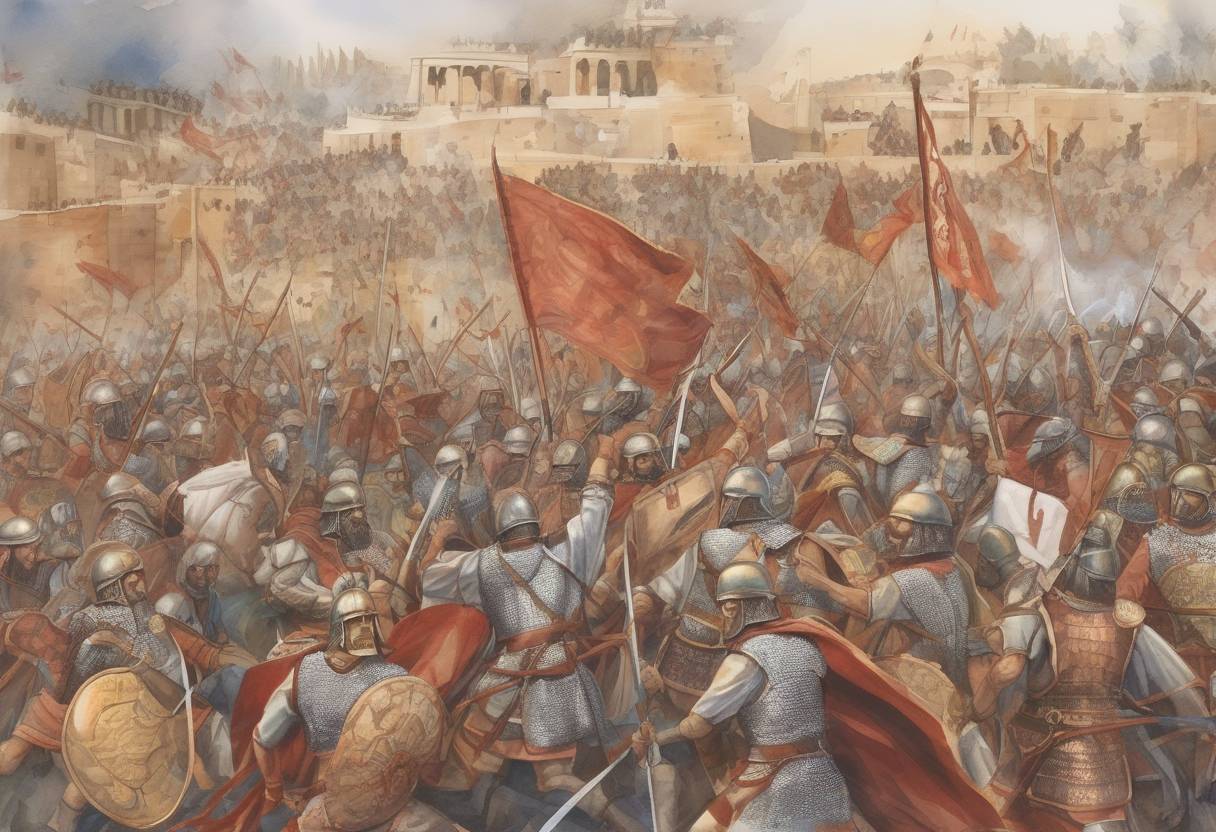 Watercolor painting based depiction of The Battle of Satala takes place, where the Byzantine forces under Sittas defeat the Sassanid Persians. (530)