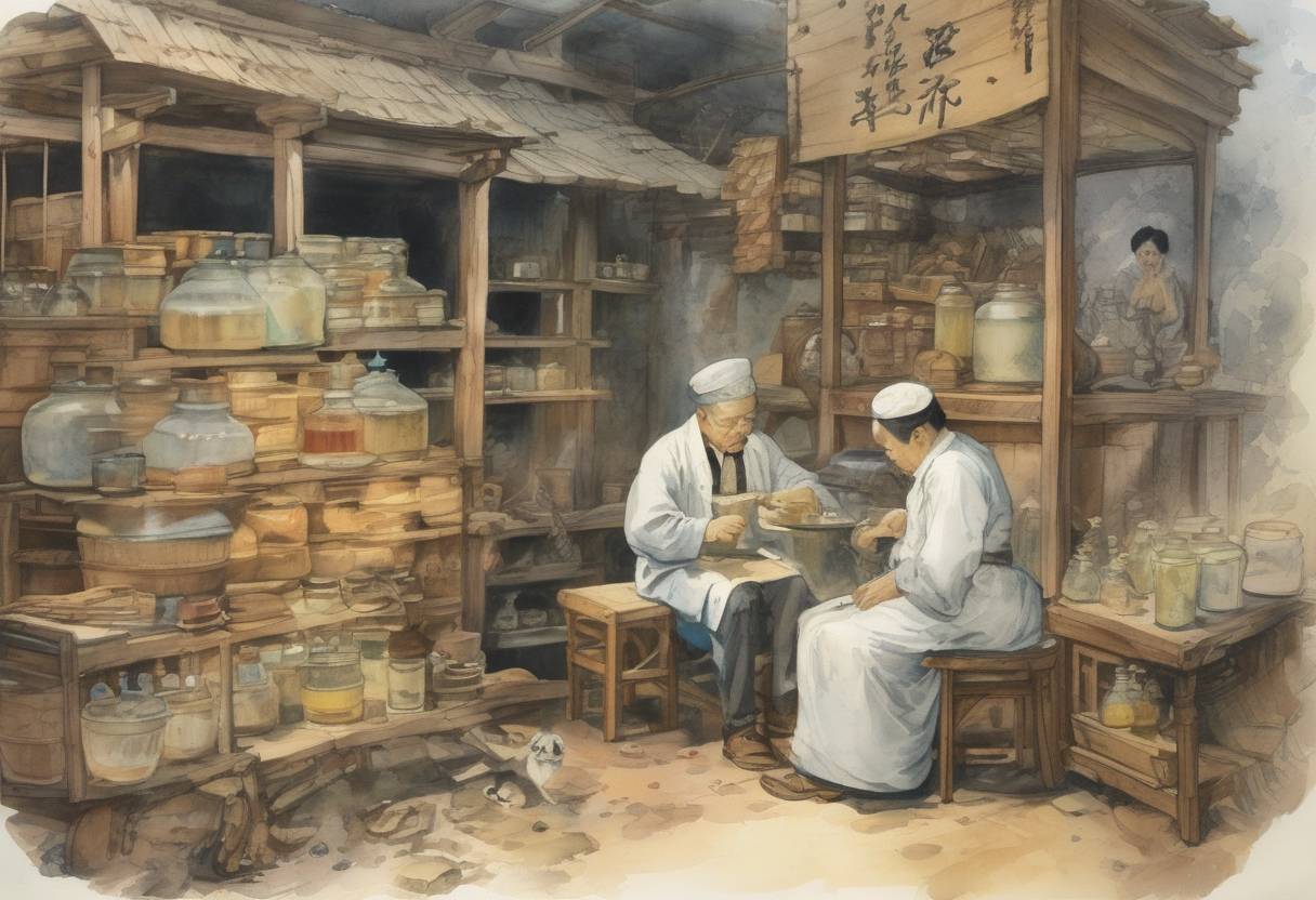 Watercolor painting based depiction of Kitasato Shibasaburō and Alexandre Yersin independently discover the bacterium responsible for the bubonic plague, later named Yersinia pestis. (1894)