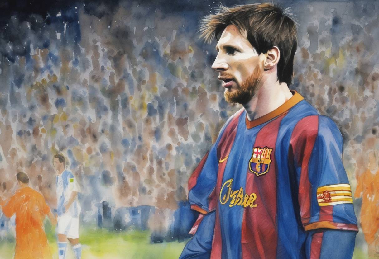 Watercolor painting based depiction of Lionel Messi made his official debut for FC Barcelona in a UEFA Champions League match against Shakhtar Donetsk. (2004)