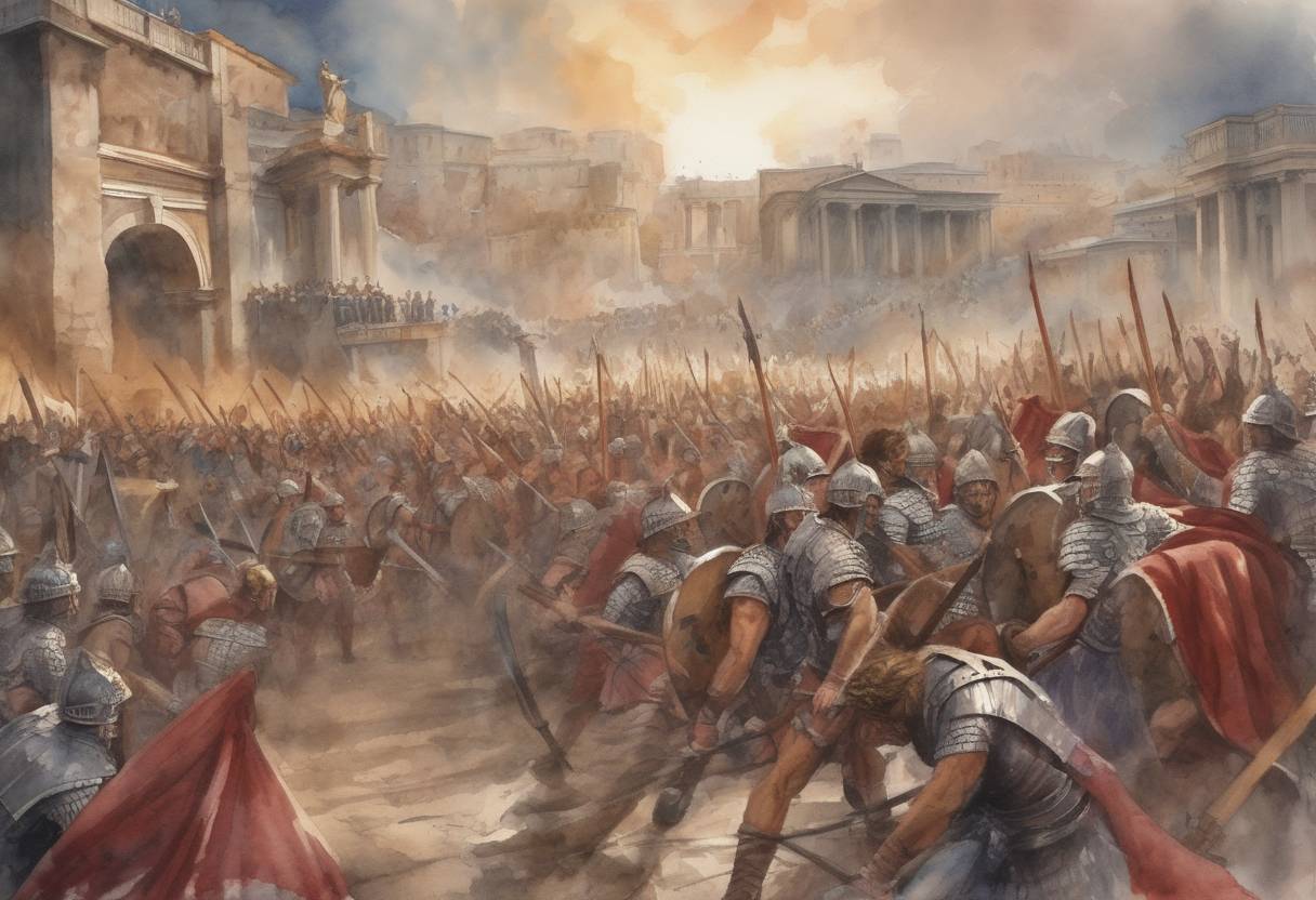 Watercolor painting based depiction of The Visigoths, led by King Alaric I, sack Rome after a prolonged siege, marking the first time in nearly 800 years that the city fell to a foreign enemy. (410)