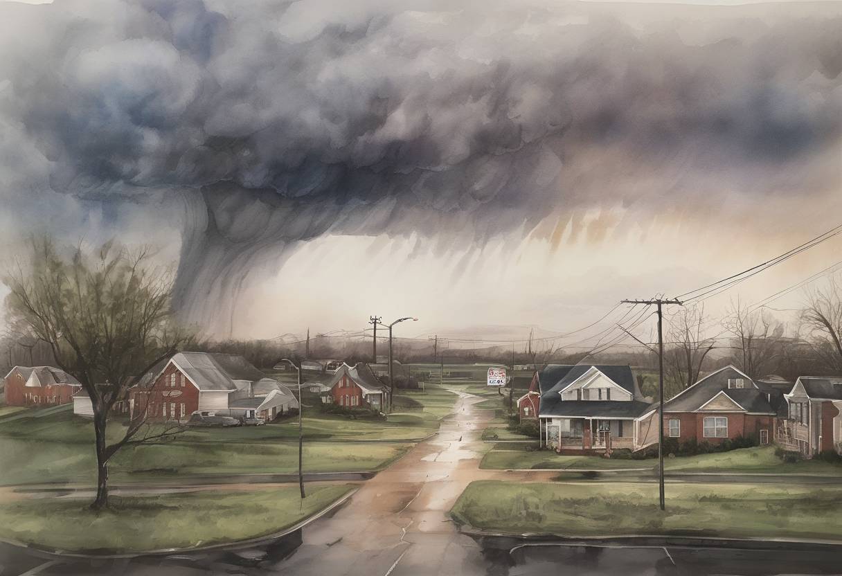 Watercolor painting based depiction of A series of tornadoes struck Tennessee, including Nashville, causing widespread damage and resulting in 25 fatalities, highlighting the vulnerability of the region to severe weather events. (2020)