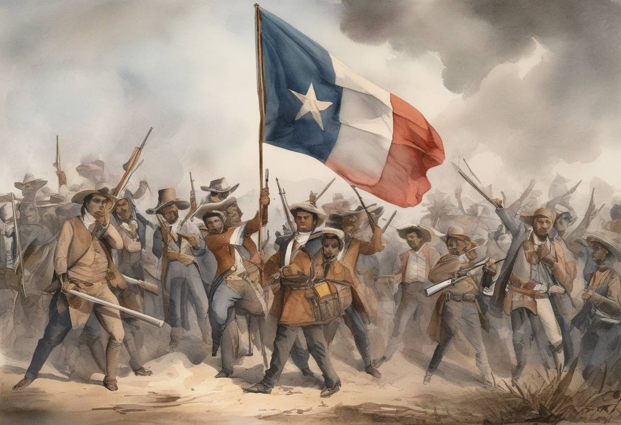 Watercolor painting based depiction of The Texas Revolution began with the Battle of Gonzales, where Texian settlers resisted Mexican troops attempting to retrieve a cannon, symbolized by the "Come and Take It" flag. (1835)