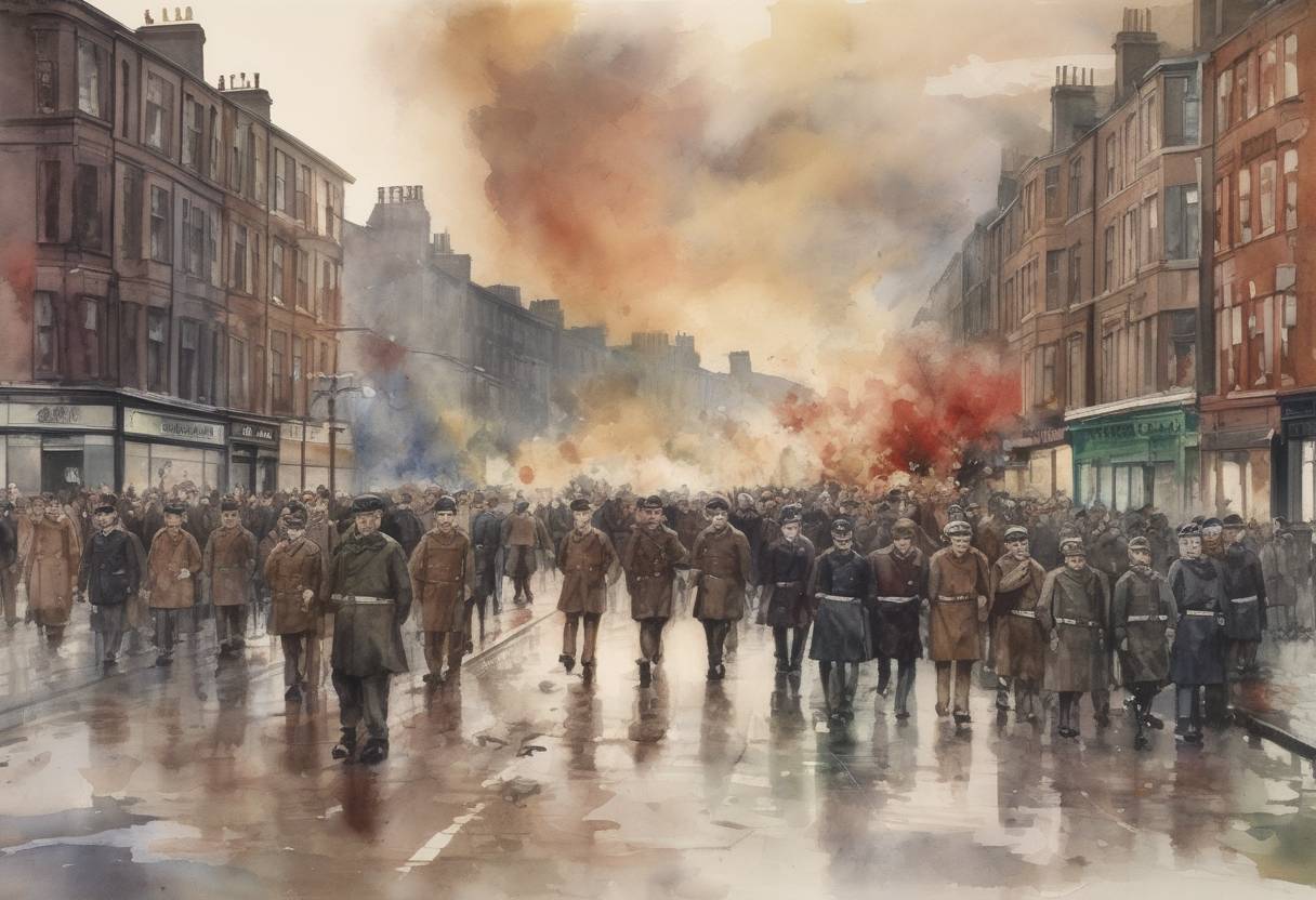Watercolor painting based depiction of Bloody Sunday occurred in Dublin during the Irish War of Independence, with 31 people killed in a day of violence. (1920)